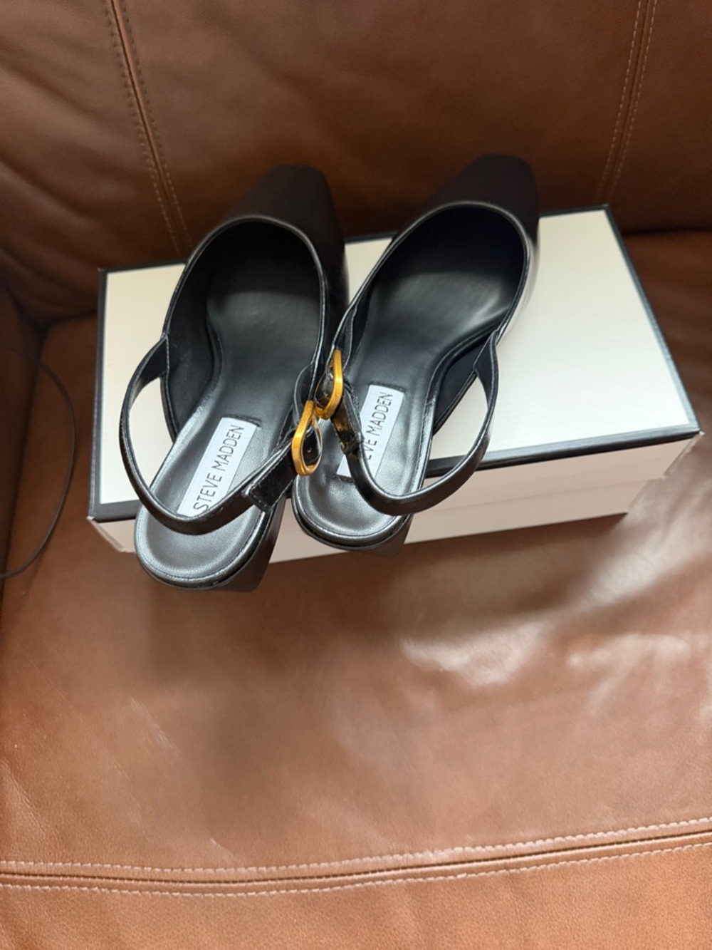 Steve Madden Black Slingback Heels with Gold Buckle